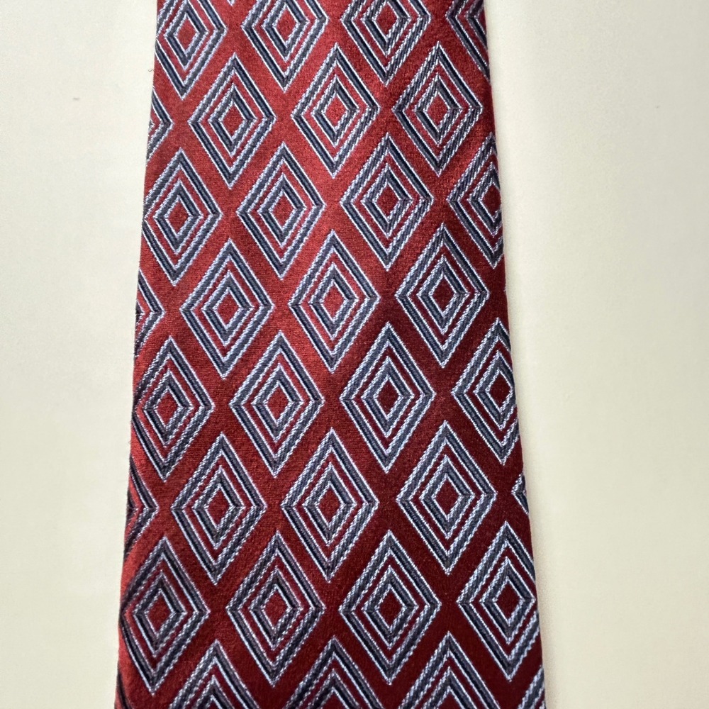 Villa Bolgheri Burgundy Blue Diamond Geometric Jacquard 100% Silk Tie Italy - Picture 10 of 10